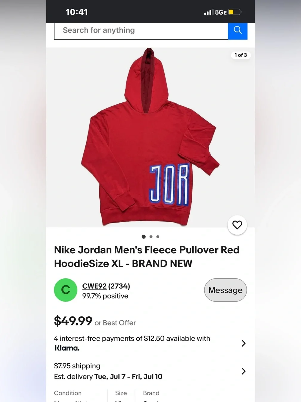 Nike Jordan Men's Fleece Pullover Red HoodieSize